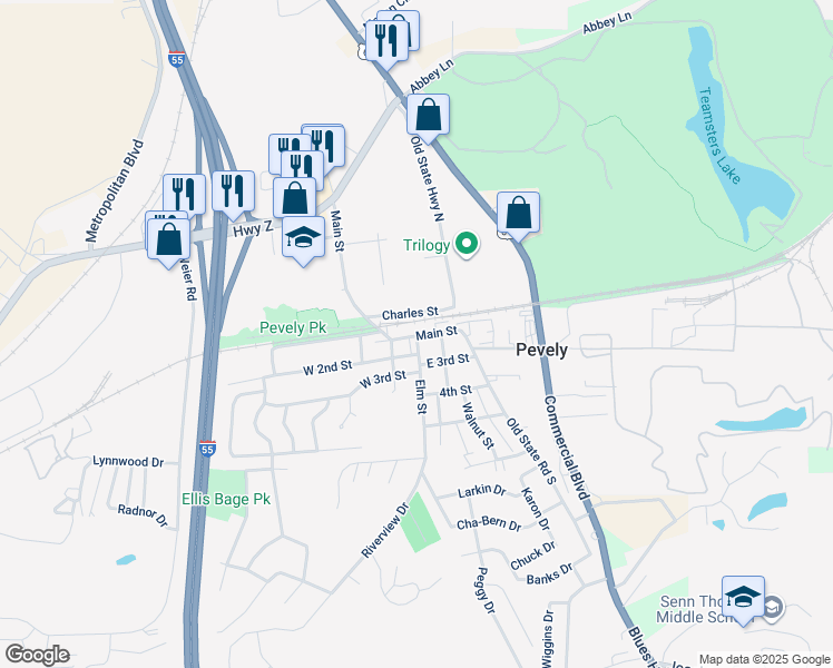 map of restaurants, bars, coffee shops, grocery stores, and more near 235 Charles Street in Pevely
