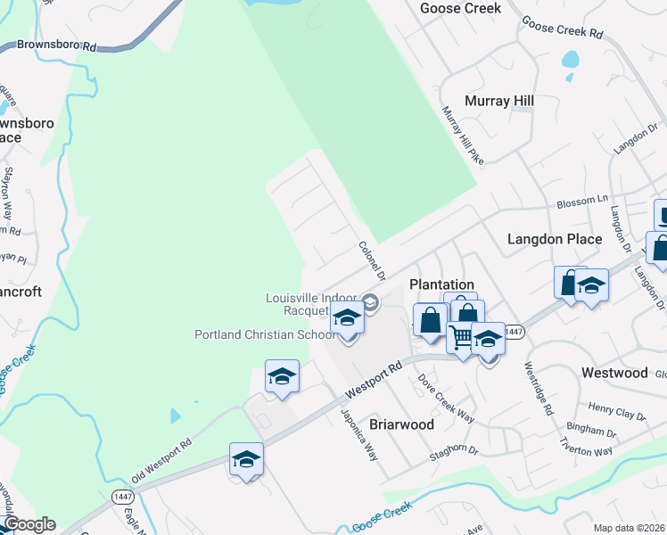 map of restaurants, bars, coffee shops, grocery stores, and more near 8505 Rhett Butler Drive in Louisville