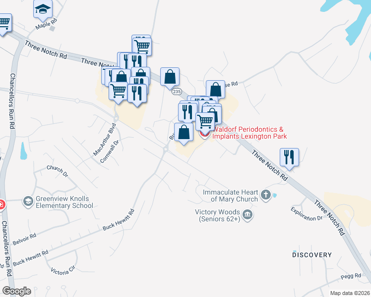 map of restaurants, bars, coffee shops, grocery stores, and more near 46240 Lexington Village Way in Lexington Park
