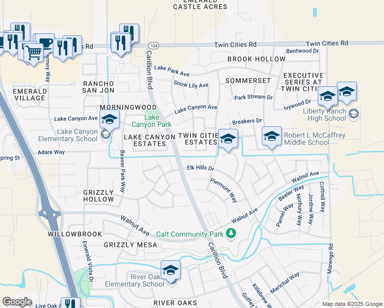 map of restaurants, bars, coffee shops, grocery stores, and more near 920 Gerling Court in Galt
