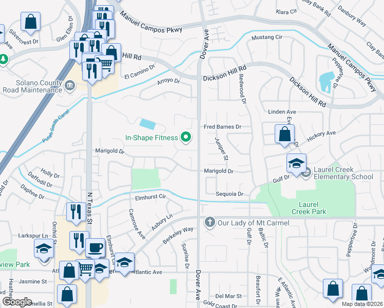 map of restaurants, bars, coffee shops, grocery stores, and more near 3038 Marbury Court in Fairfield