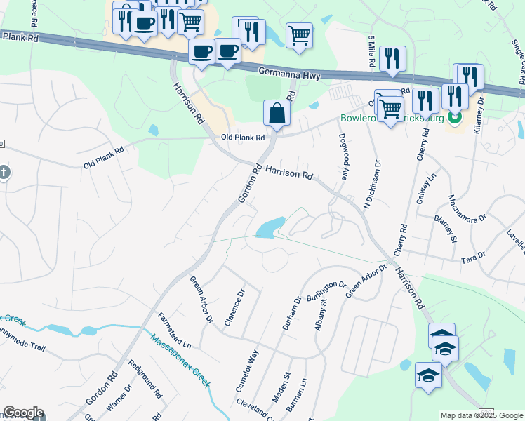 map of restaurants, bars, coffee shops, grocery stores, and more near 11923 Legacy Woods Drive in Fredericksburg