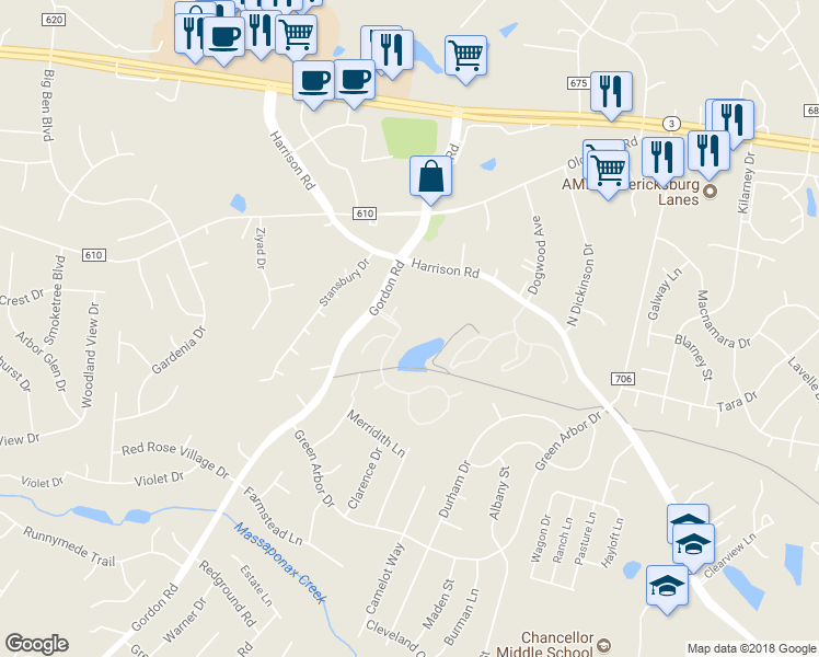 map of restaurants, bars, coffee shops, grocery stores, and more near 11923 Legacy Woods Drive in Fredericksburg