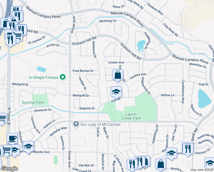 map of restaurants, bars, coffee shops, grocery stores, and more near 3035 Pecan Drive in Fairfield