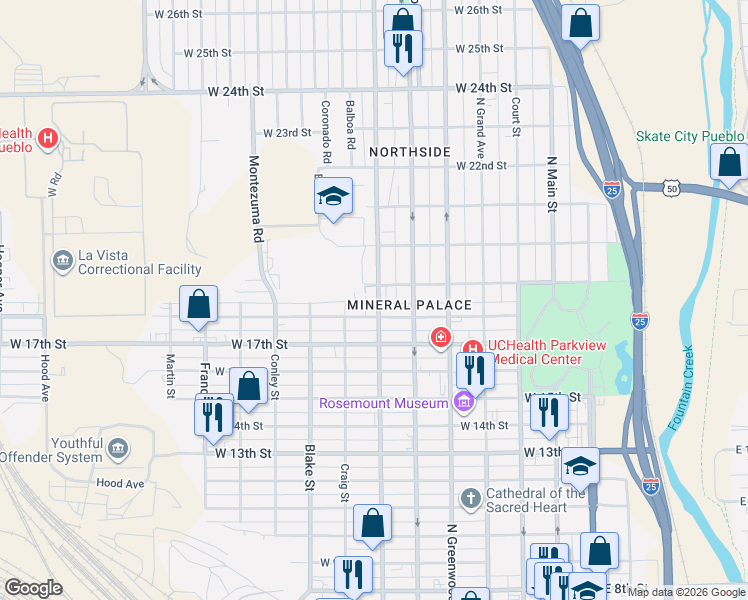 map of restaurants, bars, coffee shops, grocery stores, and more near 1817 West Street in Pueblo