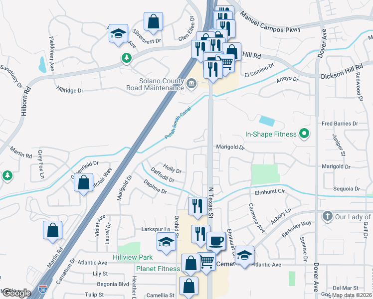 map of restaurants, bars, coffee shops, grocery stores, and more near 4176 Orchid Street in Fairfield
