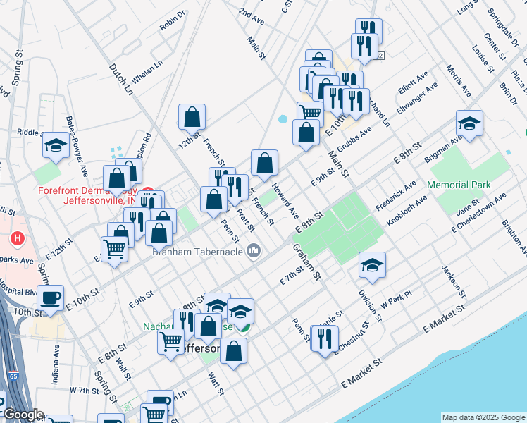 map of restaurants, bars, coffee shops, grocery stores, and more near 923 French Street in Jeffersonville