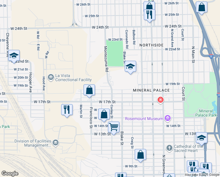 map of restaurants, bars, coffee shops, grocery stores, and more near 1902 Montezuma Road in Pueblo