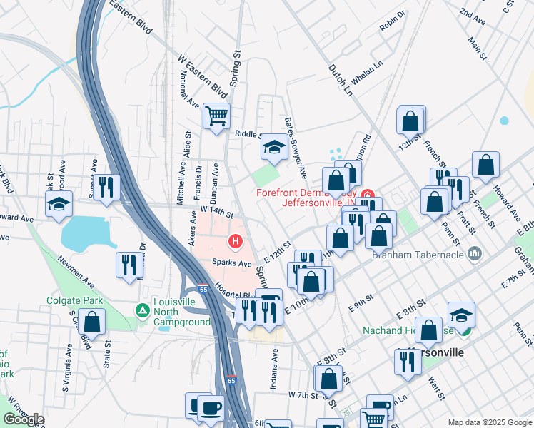 map of restaurants, bars, coffee shops, grocery stores, and more near 1306 Wall Street in Jeffersonville