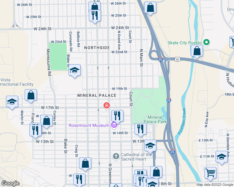 map of restaurants, bars, coffee shops, grocery stores, and more near 1825 North Grand Avenue in Pueblo