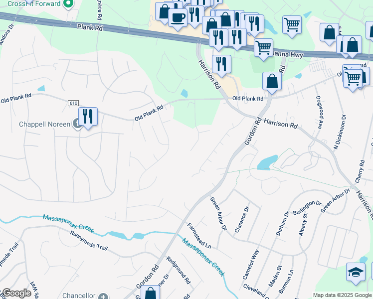 map of restaurants, bars, coffee shops, grocery stores, and more near 11902 Ziyad Drive in Fredericksburg