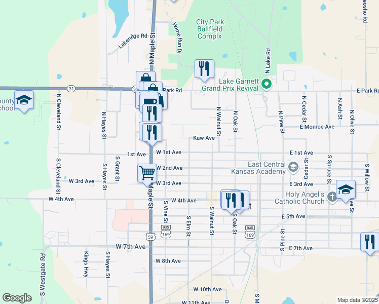 map of restaurants, bars, coffee shops, grocery stores, and more near 299 West 1st Avenue in Garnett