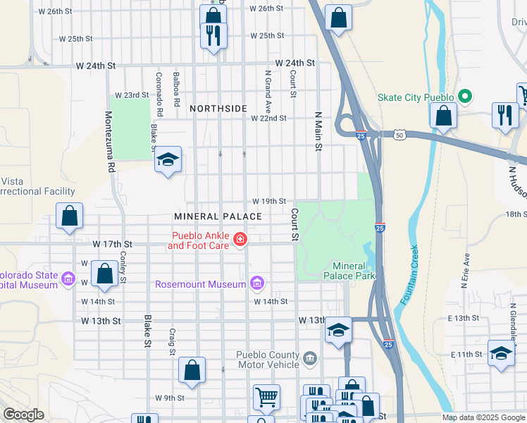 map of restaurants, bars, coffee shops, grocery stores, and more near 1825 North Grand Avenue in Pueblo