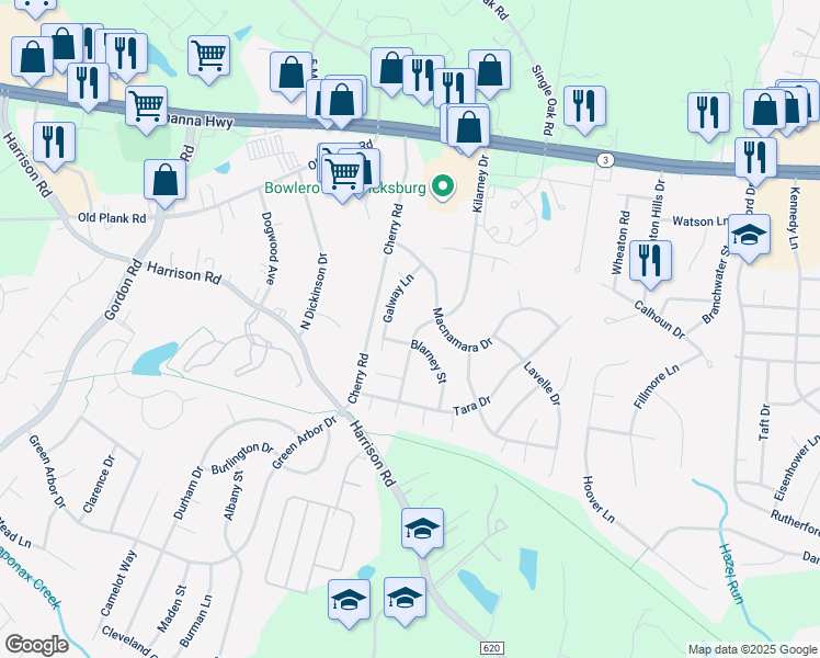 map of restaurants, bars, coffee shops, grocery stores, and more near 808 Kilarney Drive in Fredericksburg