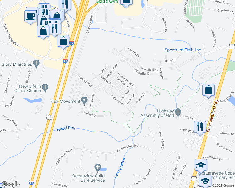 map of restaurants, bars, coffee shops, grocery stores, and more near 1300 Wilcox Avenue in Fredericksburg