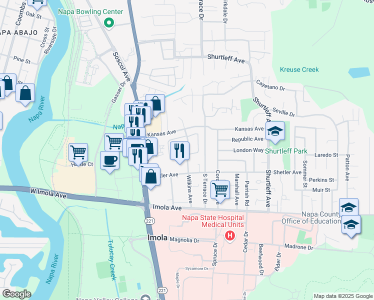 map of restaurants, bars, coffee shops, grocery stores, and more near 2053 Wilkins Avenue in Napa