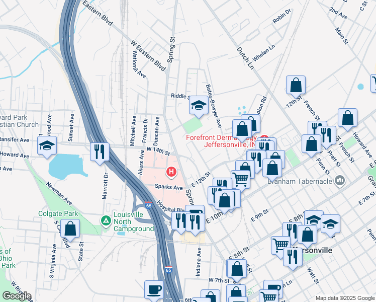 map of restaurants, bars, coffee shops, grocery stores, and more near 1306 Wall Street in Jeffersonville