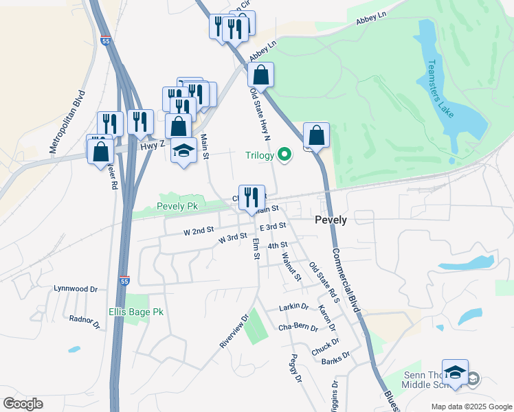 map of restaurants, bars, coffee shops, grocery stores, and more near 235 Charles Street in Pevely
