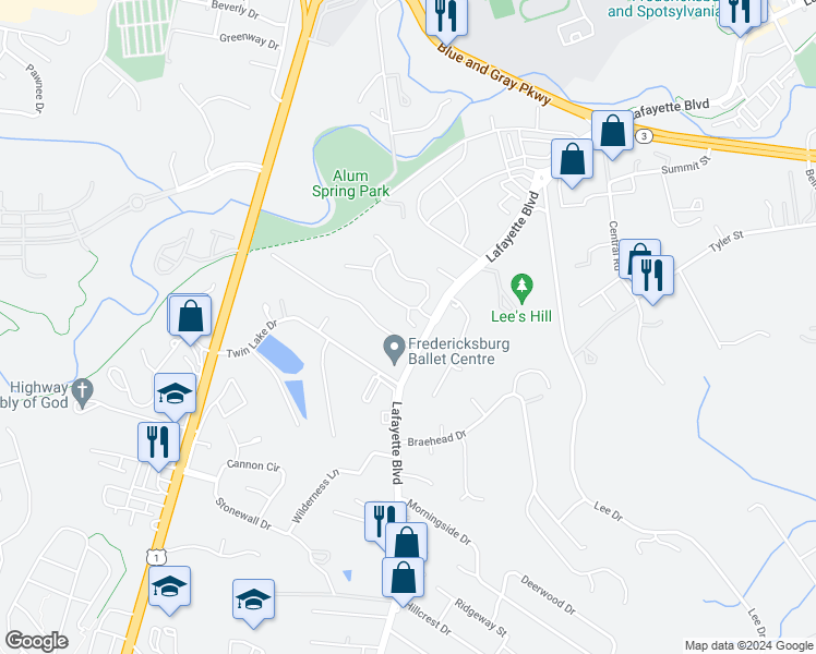 map of restaurants, bars, coffee shops, grocery stores, and more near 1006 West Kensington Circle in Fredericksburg
