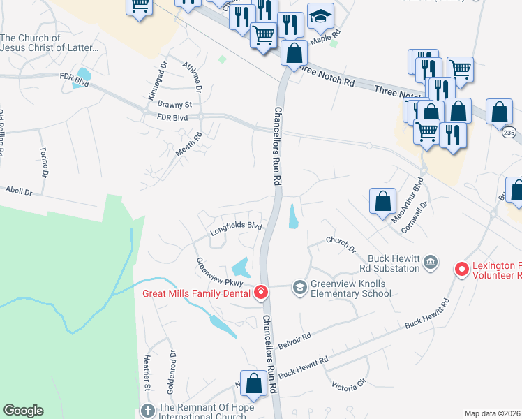 map of restaurants, bars, coffee shops, grocery stores, and more near 45711 North Maxine Way in Great Mills