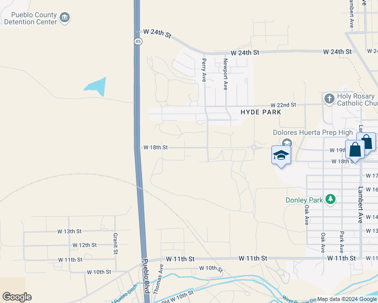 map of restaurants, bars, coffee shops, grocery stores, and more near 3134 West 18th Street in Pueblo