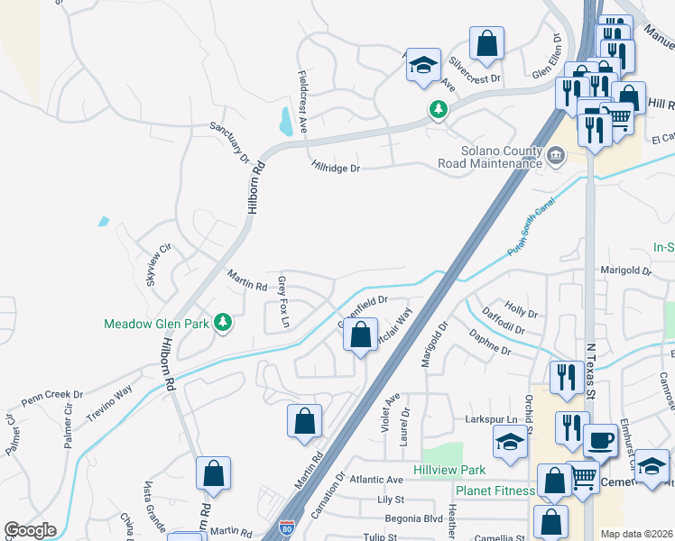 map of restaurants, bars, coffee shops, grocery stores, and more near 2152 Fox Glen Drive in Fairfield