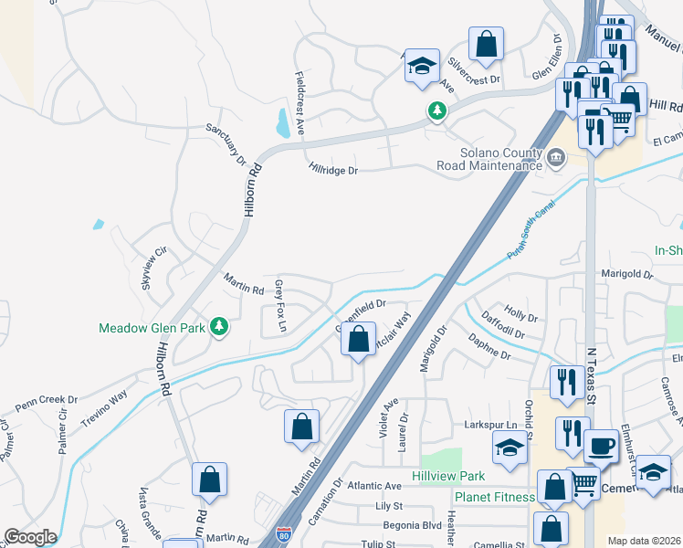 map of restaurants, bars, coffee shops, grocery stores, and more near 2152 Fox Glen Drive in Fairfield
