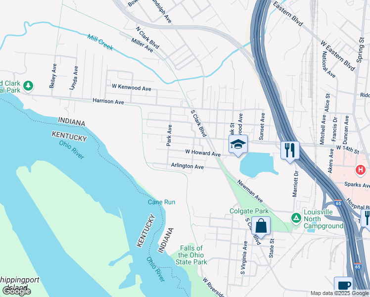 map of restaurants, bars, coffee shops, grocery stores, and more near 419 West Howard Avenue in Clarksville