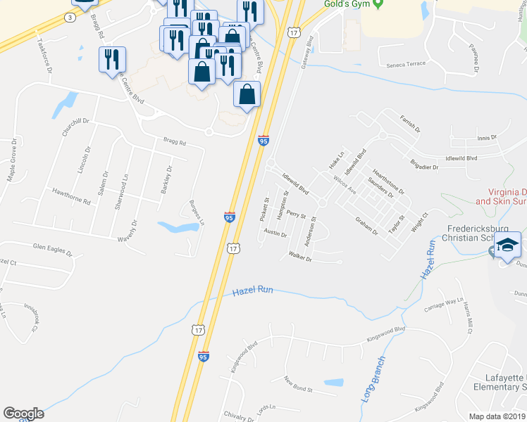 map of restaurants, bars, coffee shops, grocery stores, and more near Pickett Street in Fredericksburg