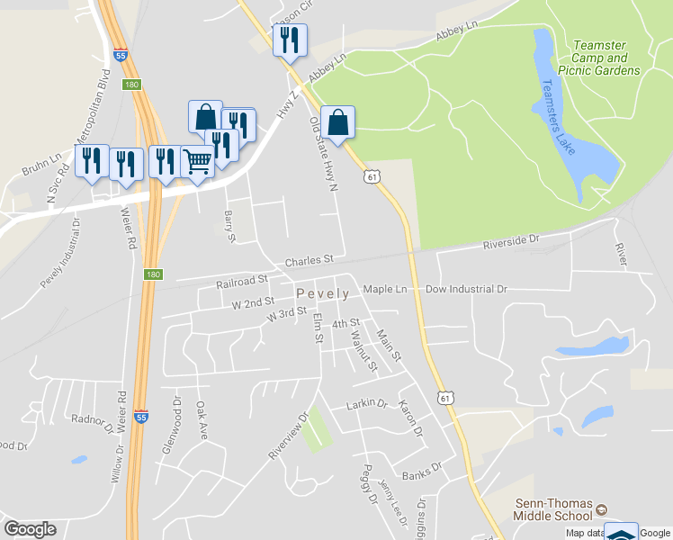 map of restaurants, bars, coffee shops, grocery stores, and more near 305 Main Street in Pevely