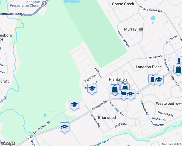 map of restaurants, bars, coffee shops, grocery stores, and more near 8505 Rhett Butler Drive in Louisville