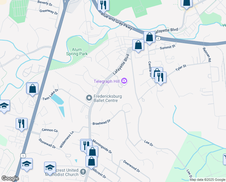 map of restaurants, bars, coffee shops, grocery stores, and more near 117 Adair Street in Fredericksburg