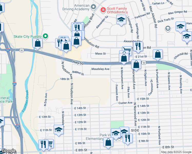 map of restaurants, bars, coffee shops, grocery stores, and more near 1104 Ruppel St in Pueblo