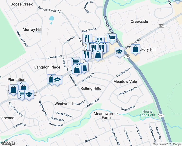 map of restaurants, bars, coffee shops, grocery stores, and more near 2829 Goose Creek Road in Louisville