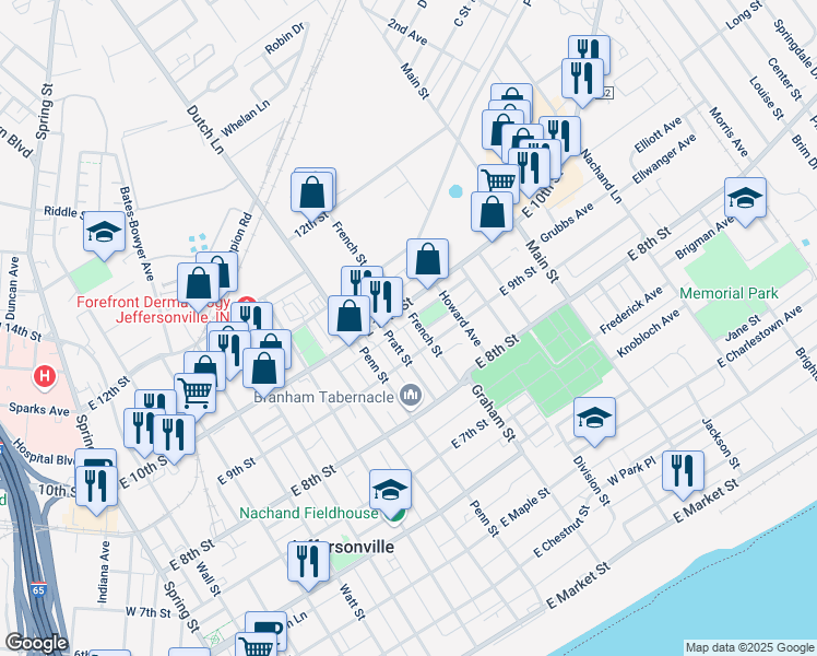 map of restaurants, bars, coffee shops, grocery stores, and more near 923 French Street in Jeffersonville