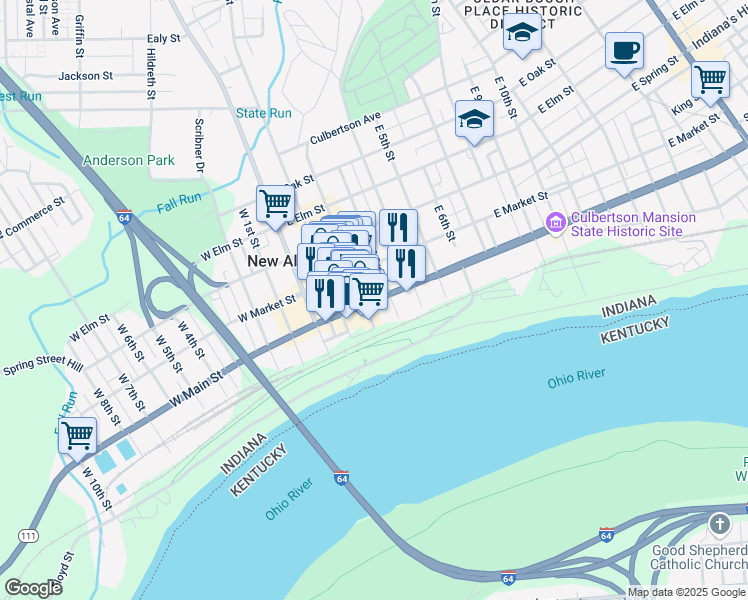 map of restaurants, bars, coffee shops, grocery stores, and more near 205 Bank Street in New Albany