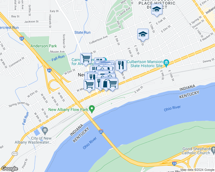 map of restaurants, bars, coffee shops, grocery stores, and more near 205 Bank Street in New Albany