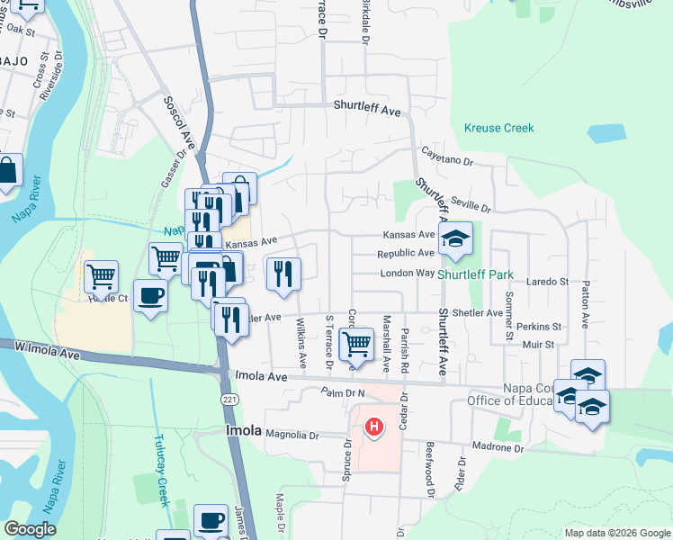 map of restaurants, bars, coffee shops, grocery stores, and more near 2046 South Terrace Drive in Napa