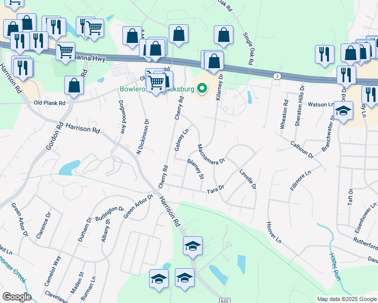 map of restaurants, bars, coffee shops, grocery stores, and more near 810 Kilarney Drive in Fredericksburg