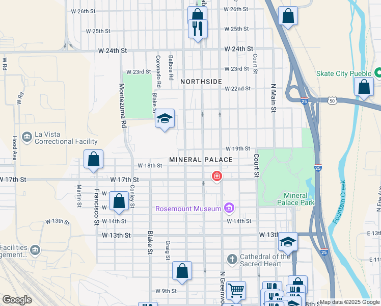 map of restaurants, bars, coffee shops, grocery stores, and more near 620 West 19th Street in Pueblo