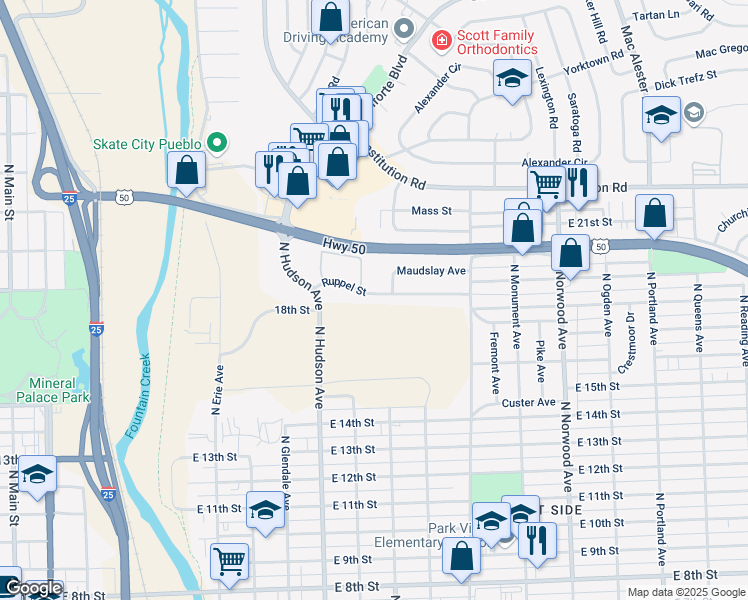 map of restaurants, bars, coffee shops, grocery stores, and more near 1010 Ruppel Street in Pueblo