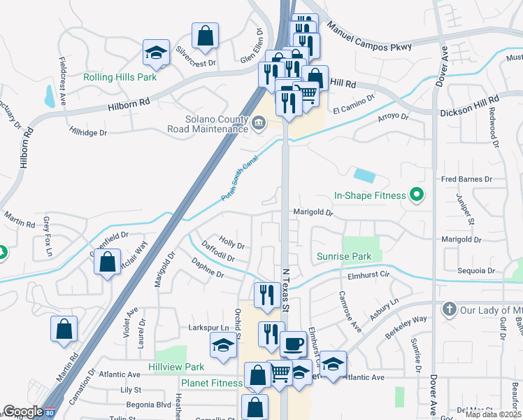 map of restaurants, bars, coffee shops, grocery stores, and more near 3061 Marigold Drive in Fairfield