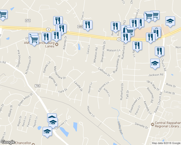 map of restaurants, bars, coffee shops, grocery stores, and more near 11900 Sheraton Hills Drive in Fredericksburg