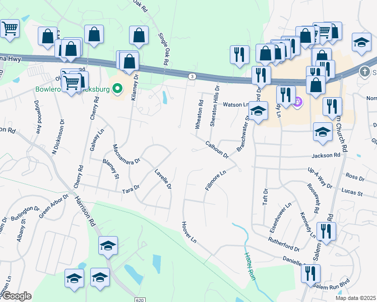 map of restaurants, bars, coffee shops, grocery stores, and more near 11900 Sheraton Hills Drive in Fredericksburg