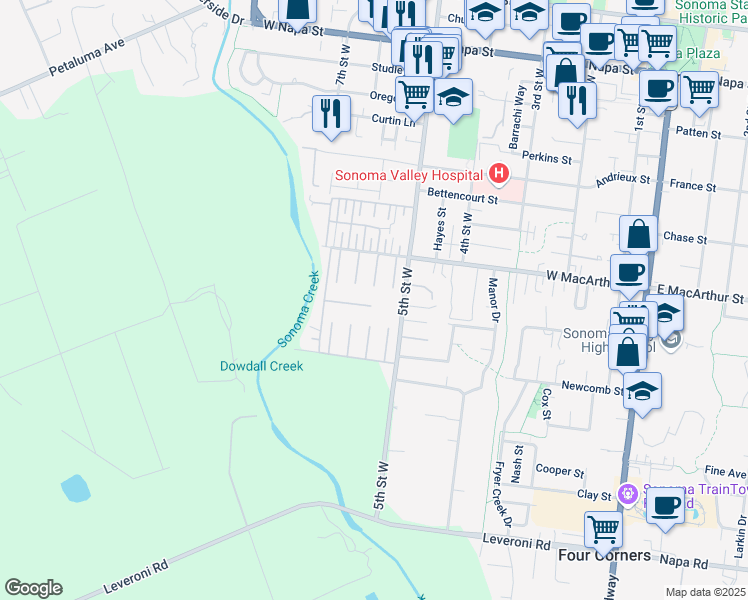 map of restaurants, bars, coffee shops, grocery stores, and more near 220 Cazares Circle in Sonoma