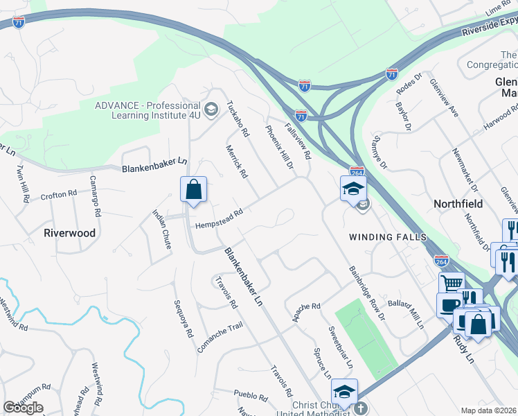 map of restaurants, bars, coffee shops, grocery stores, and more near 5314 Hempstead Road in Louisville