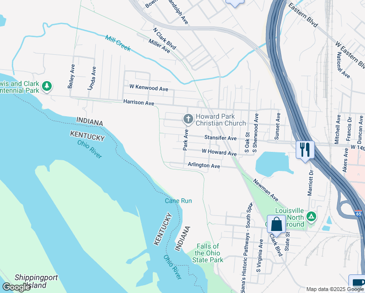 map of restaurants, bars, coffee shops, grocery stores, and more near 501 West Howard Avenue in Clarksville