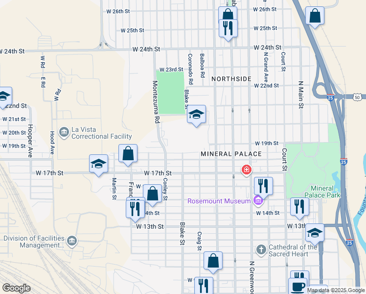 map of restaurants, bars, coffee shops, grocery stores, and more near 1902 Montezuma Road in Pueblo