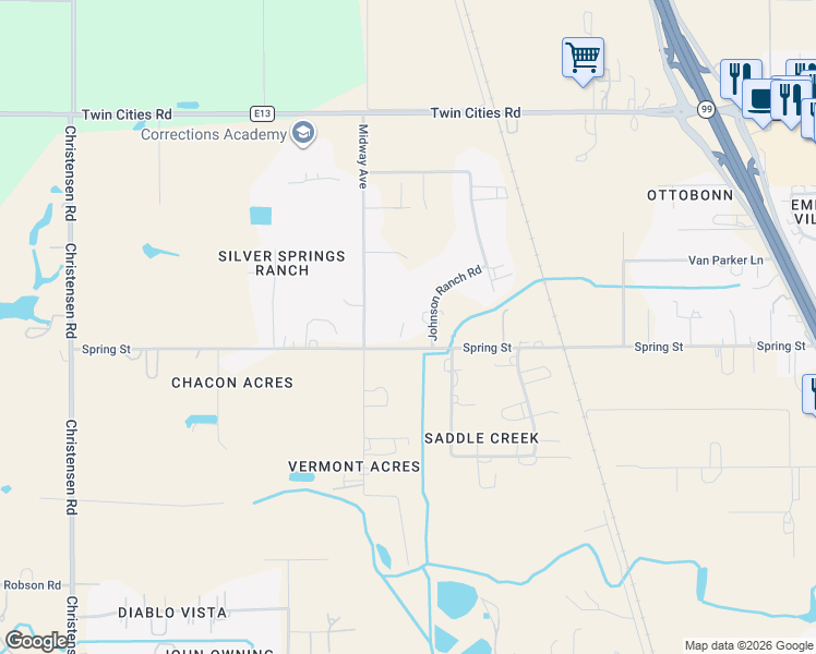 map of restaurants, bars, coffee shops, grocery stores, and more near 9991 Spring Street in Galt