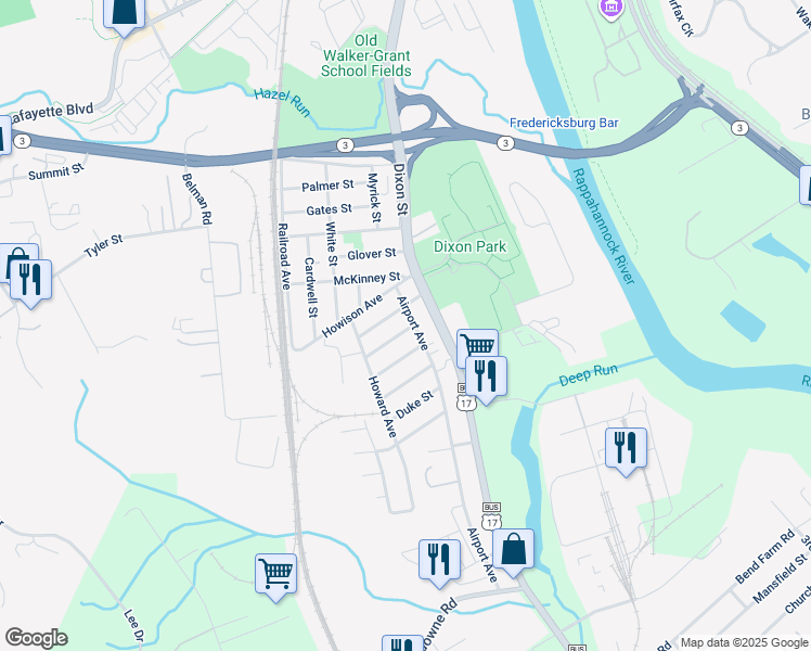 map of restaurants, bars, coffee shops, grocery stores, and more near 1406 Airport Avenue in Fredericksburg